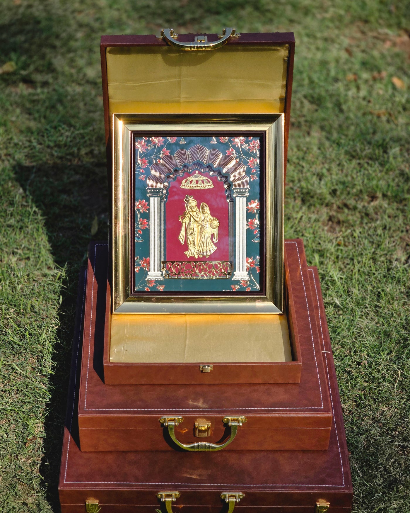 24K Gold Plated Radha Krishna Portrait™ with Leather Suitcase