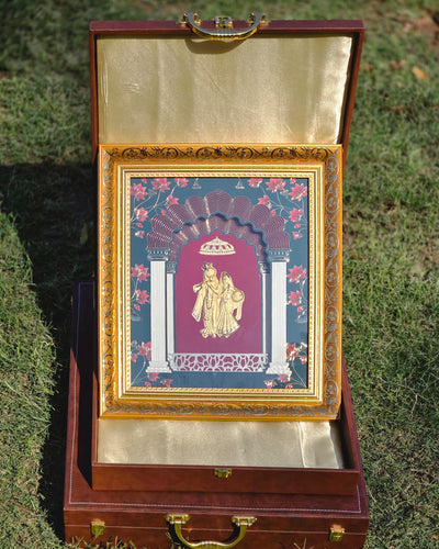 24K Gold Plated Radha Krishna Portrait™ with Leather Suitcase